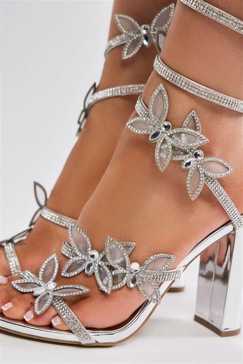 Never Blend In Butterfly Wrap Up Heeled Sandals – Silver | Fashion Nova ...