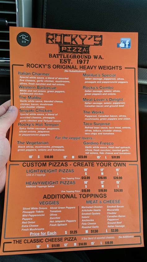 Menu at Rocky’s Pizza & R Bar, Battle Ground