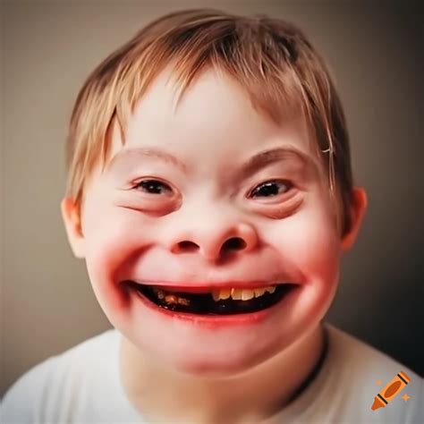 A child with Down's syndrome smiles, you can see his teeth on Craiyon
