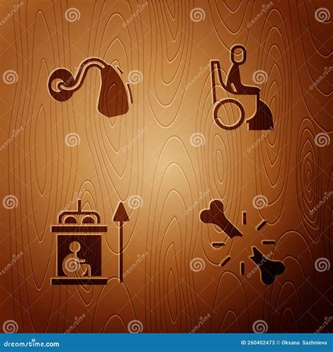 Set Human Broken Bone, Hearing Aid, Elevator for Disabled and Woman Wheelchair on Wooden ...
