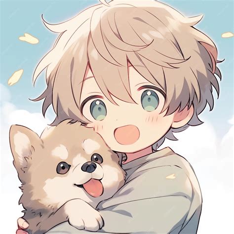 Anime boy holding a dog in his arms with a blue sky in the background ...