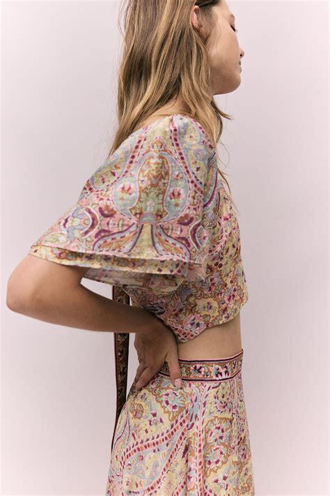 Cropped linen-blend top - Orange/Paisley pattern - Ladies | H&M IE