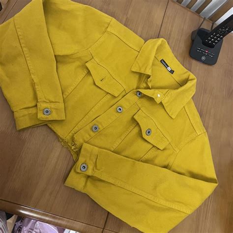 yellow cropped denim jacket , worn twice - size 14... - Depop