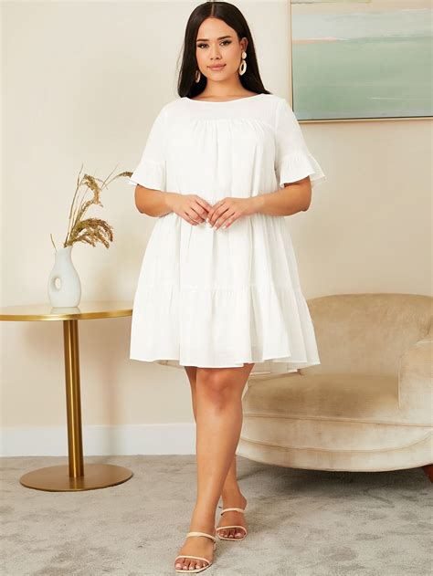 SHEIN Plus Solid Ruffle Hem Flounce Sleeve Dress | White dress summer ...