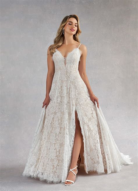 Azazie James Diamond White Nude A-Line V-Neck Lace Dress | Azazie