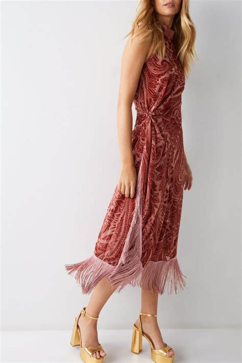 Womens Paisley Devore Fringe Halterneck Dress - red | Shop bodycon dresses, Petite wrap dress ...
