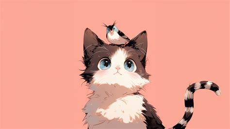 Bird Sitting On Cat Head Minimal Cute 5k Wallpaper,HD Artist Wallpapers ...