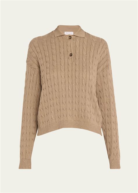 Brunello Cucinelli Micro Sequined Double Cable-Knit Polo Sweater ...
