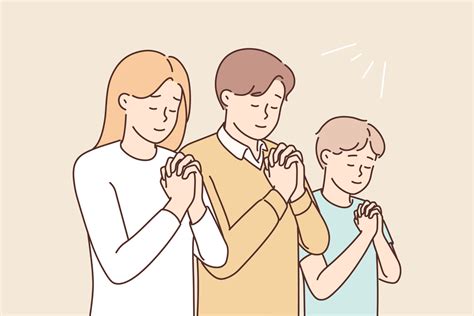 Religious family with son praying to God. Superstitious parents with child keep hands in prayer ... - family of god church