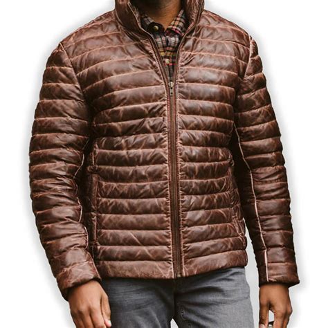 Brown Puffer Leather Jacket for Men Stylish Winter Outerwear