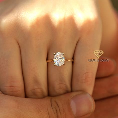 3 Carat Oval Engagement Ring Thin Band, 14K Gold Oval Solitaire Ring ...