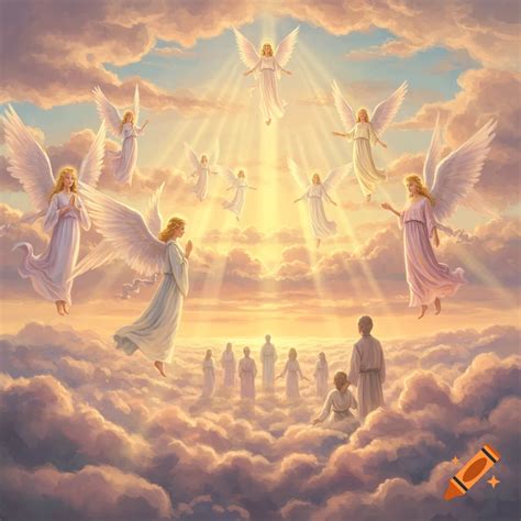 Angels and people in white robes float among bright, ethereal clouds ...