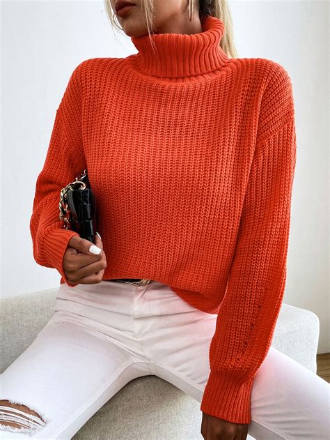 Turtle Neck Drop Shoulder Sweater | Turtle neck, Orange sweater outfit ...