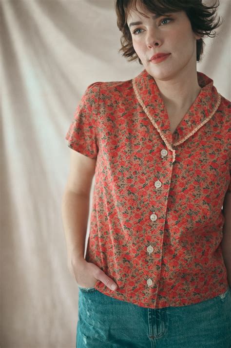Retro 1940’s Blouse Teastain / Women’s Floral Blouse / Women’s Cotton ...