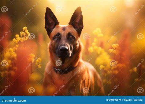 Belgian Malinois Dog Sitting in Meadow Field Surrounded by Vibrant ...