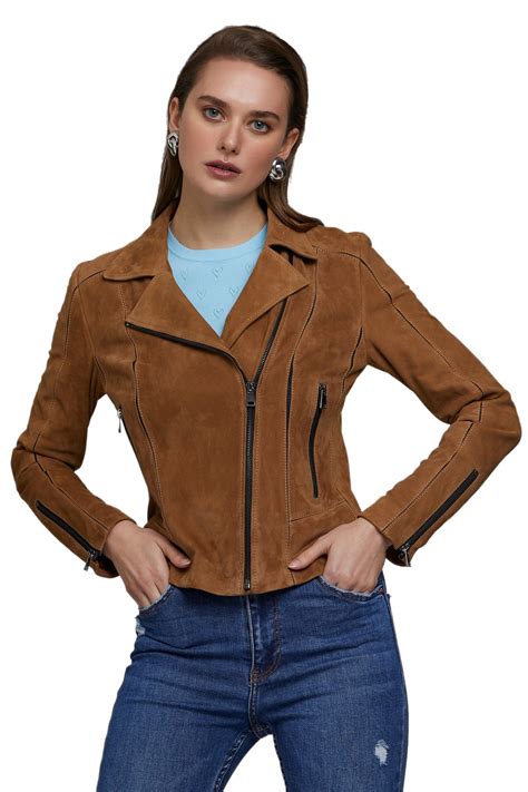 Barbara Palvin Women's 100 % Real Camel Brown Leather Suede Jacket