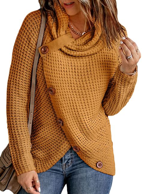 Actloe Womens Cowl Neck Long Sleeve Asymmetrical Hem Sweaters Front ...