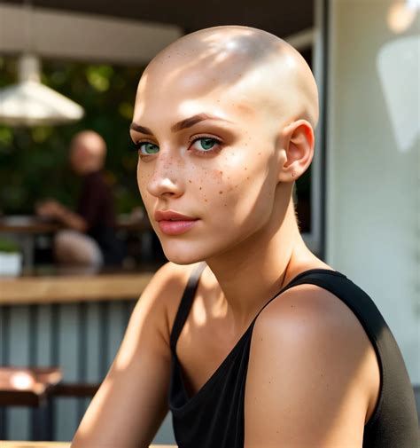 A close up of a woman with a shaved head sitting at a table - SeaArt AI