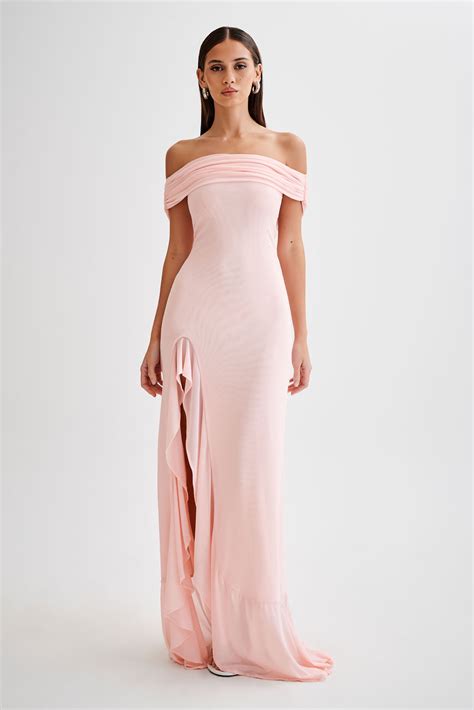 Audrey Off Shoulder Mesh Maxi Dress - Pale Pink & MESHKI