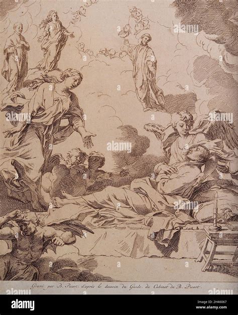 A saint lying on his death bed is visited by the Virgin, saints and ...