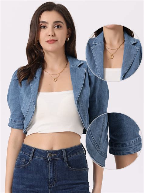 Cropped Denim Short Sleeve Lapel Collar Jean Jacket | Allegra K