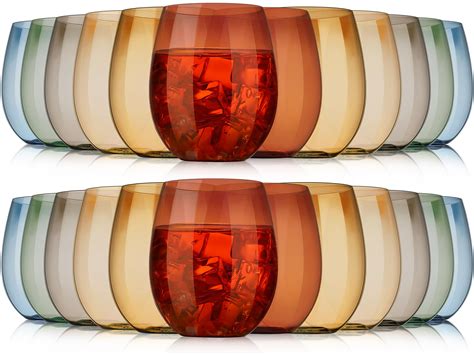 Bokon 24 Pack 12 oz Plastic Stemless Wine Glasses Set Colored Plastic ...
