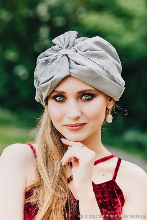 Женская чалма из хлопка СЕРЕБРО. Летний тюрбан на голову, модная шапка ...