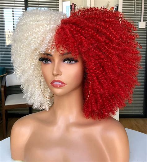 CurlCoo Short Curly Afro Wig for Black Women 14 Inch - White and Red ...