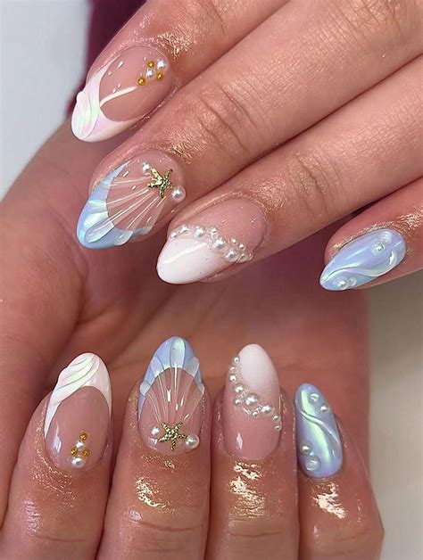 Mermaid Shell Press on Nails | 3D Pearl & Starfish Ocean Nail Art ...