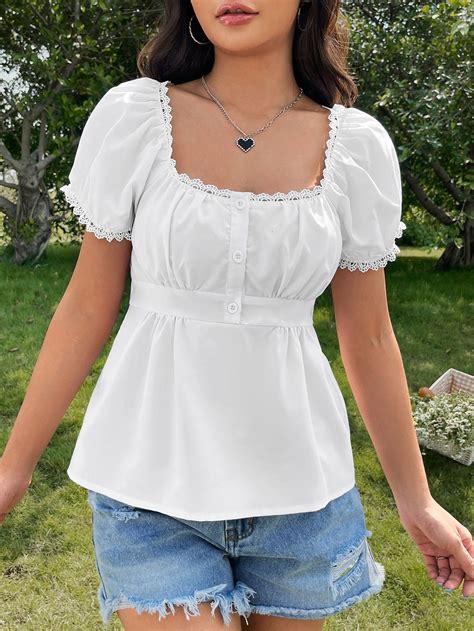 Cottagecore square neck puff sleeve lace trim peplum blouse – Artofit