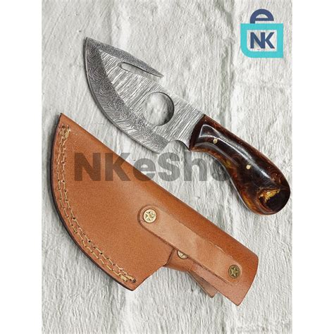 Finger Hole Gut Hook Skinner Knife, Damascus Knife Hand Forged Knife ...