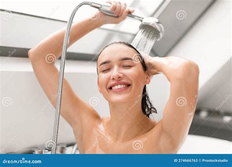 Woman Taking Shower Posing with Eyes Closed Washing Body Indoor Stock ...