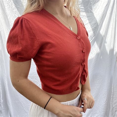 Red cropped cardigan with button up and bell sleeves - Depop