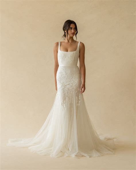 Marcelle Gown — Alexandra Grecco | Square neckline wedding dress, Fit and flare wedding dress ...