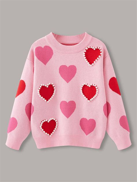 Girls heart pattern pearls beaded drop shoulder sweater – Artofit