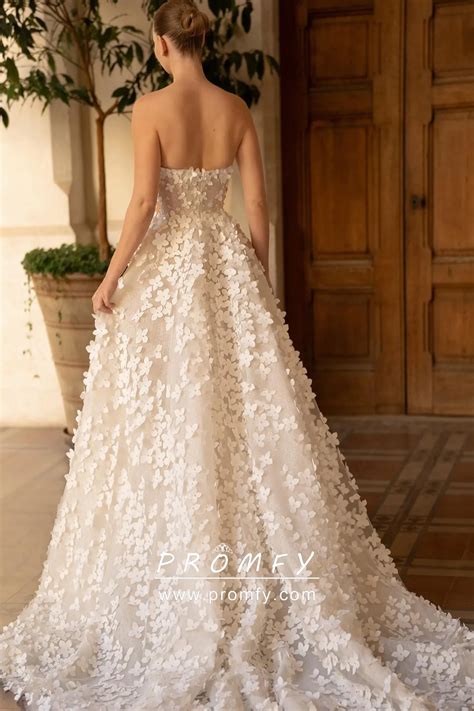 Pearled 3D Flower Strapless A-line Spring Bridal Dress - Promfy