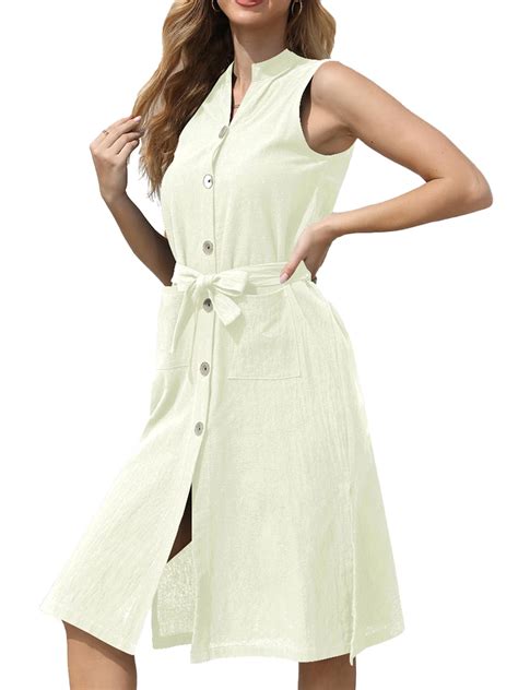 Women's Casual Summer Dresses Sleeveless Buttoned Shirt Dress Split ...