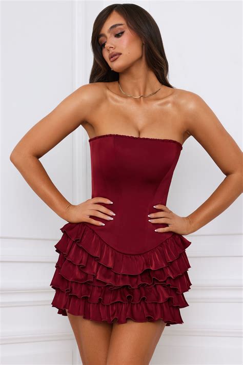 Juliet Bandeau Ruffled Tiered Corset Mini Dress in Berry Red | Oh Polly