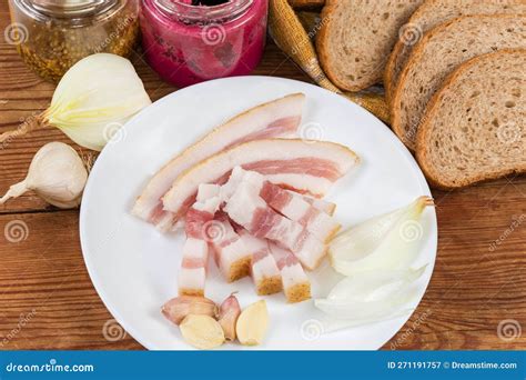 Salted Pork Fatback Slices and Seasonings, Close-up Stock Image - Image ...