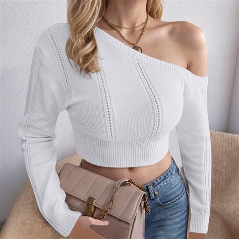 Dolkfu Cropped Summer Sweaters for Women Off Shoulder White Solid Tight ...