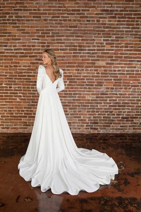 Chic Long Sleeve A-Line Satin Wedding Dress with Soft V-Neckline
