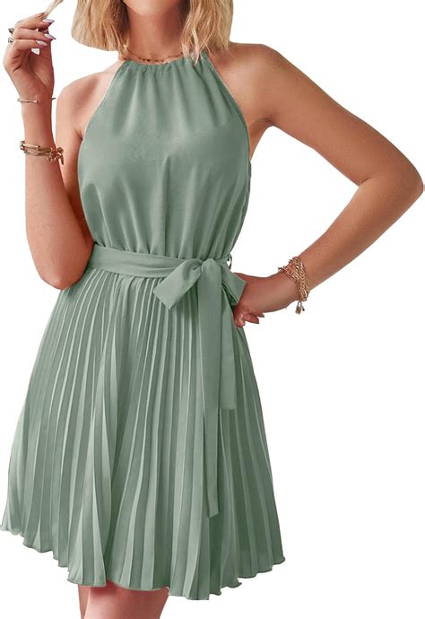BTFBM Women Halter Neck Summer Dresses Resort Sleeveless Sundress Belt ...