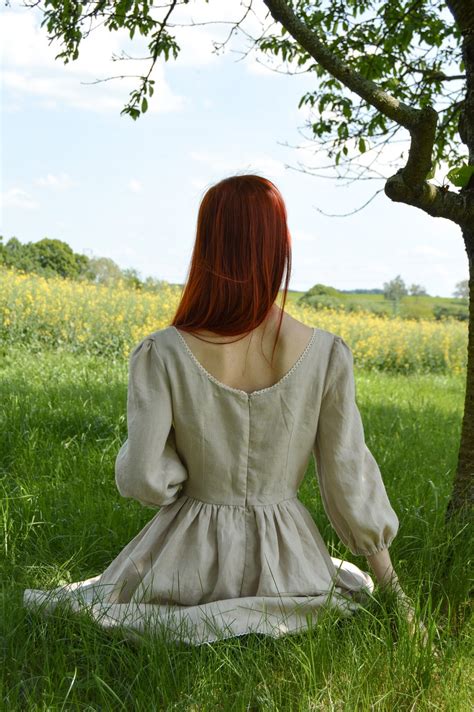 Women's Long Sleeve Linen Dress, Soft Linen Dress With Lace, Linen Puff ...