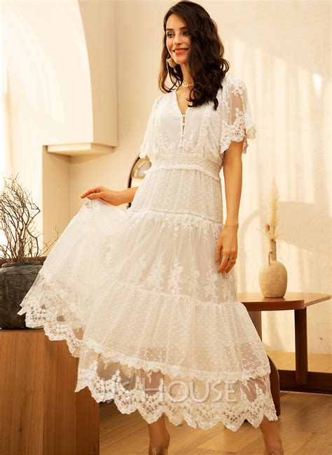 Lace Solid V-Neck Short Sleeves Maxi Dresses (293250264) - JJ's House