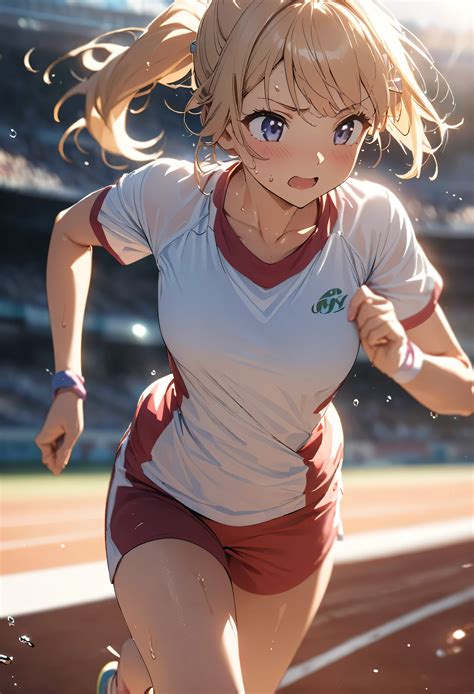 Anime girl running on a track with a stadium in the background - SeaArt AI