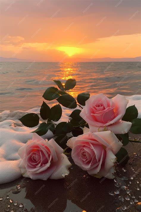 Premium AI Image | A sunset with pink roses on the beach