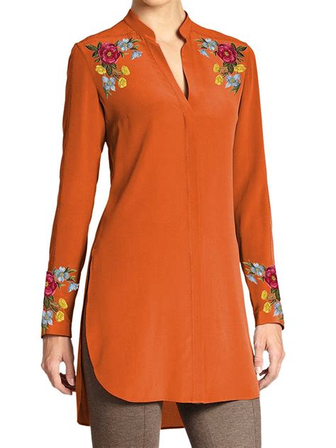 Silk Tunic Embroidery on Shoulders Cuffs (Orange, XL) | Blouse designs ...