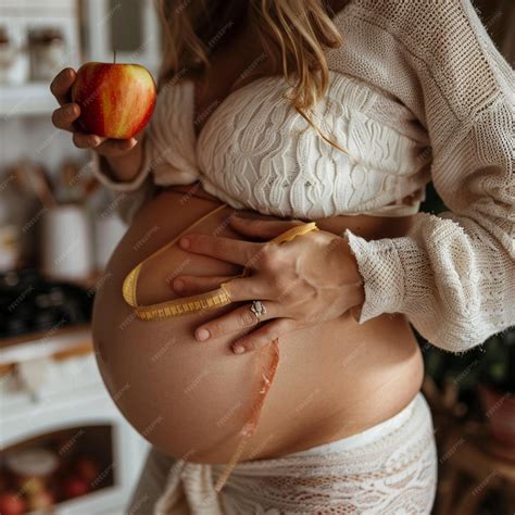 Premium Photo | Beautiful Pregnant woman eating an apple and measuring her belly