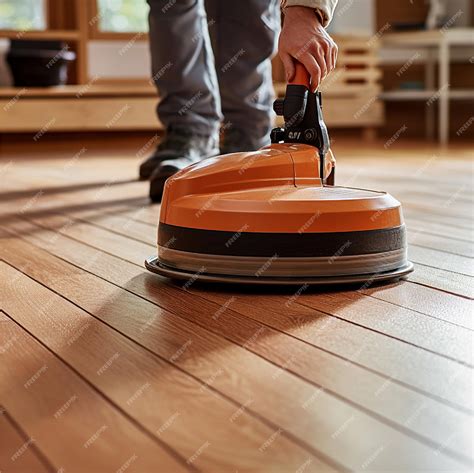 A person using a floor buffer for polishing and maintaining hardwood ...