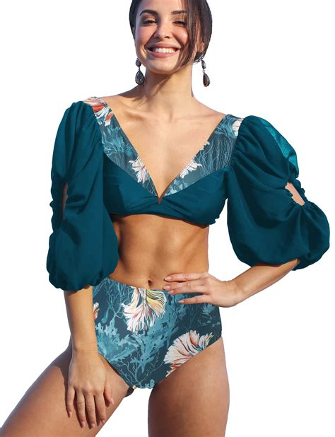 SPORLIKE Women High Waist Swimsuit Chiffon Sleeves Bikini Padded ...